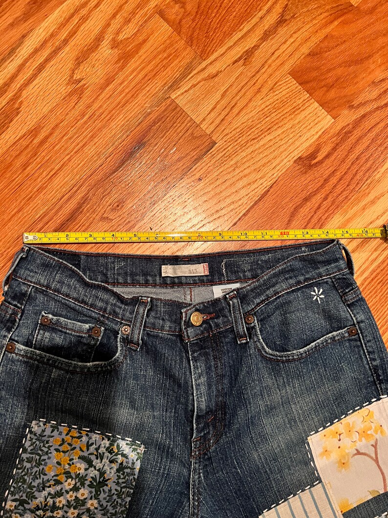 Upcycled Vintage Levis size 8 high waisted Patched Denim Reworked Womens Jeans image 7