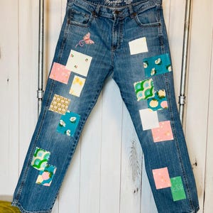 Upcycled Boho Jeans Size 6s Vintage Patched Stitched Pink Blue Flower Patch Womens