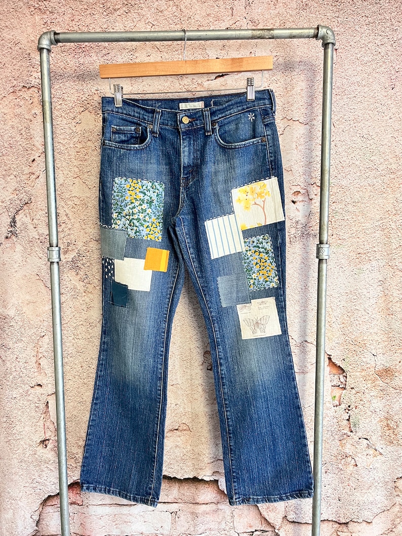 Upcycled Vintage Levis size 8 high waisted Patched Denim Reworked Womens Jeans image 1