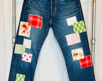 Upcycled Levi's Jeans: Polka Dot Patched Denim, Size 12/14