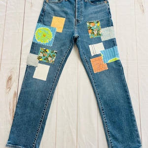 Upcycled Levi&#39;s Jeans: Boho Patchwork, Lace & Floral Details, Size 6/8