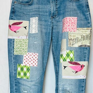 Upcycled Patchwork Jeans: Boho Vintage Lace Bird Design, Size 6
