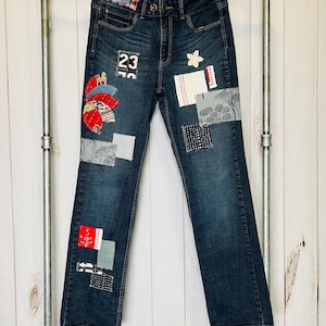 Boho size 8/10 Upcycle Women’s Jeans Kantha Patches plaid Patched