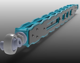 May include: A blue and silver metal automotive part with a VFE logo. The part has a series of holes and a rounded end.