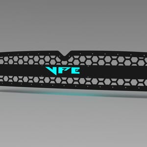May include: Black metal grille with a honeycomb pattern and a blue illuminated "VPE" logo.