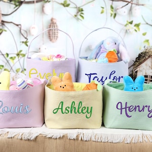 Personalisierter Osterkorb, Benutzerdefinierter Ostereimer, Seersucker-Ostern-Tasche, Gestickter Ostereiersuche-Eimer Mädchen Jungen Ostergeschenk für Baby
