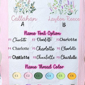 May include: A pink and white custom baby quilt with floral embroidery and text options. The quilt features embroidered flowers, name options, font choices, and thread color selections. The text includes "Custom Option", "Name Font Option", and "Name Thread Color".