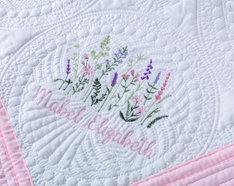 Embroidered Wildflower Baby Quilt: Personalized Cotton Blanket