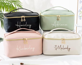Embroidered Makeup Bag, Monogrammed Leather Toiletry Bag, Bridesmaid Gifts, Personalized Cosmetic Bag, Bridesmaid Proposal, Gift for Her