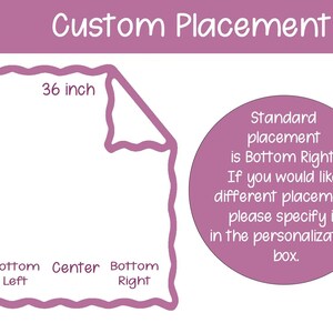 May include: A diagram with the text "Custom Placement" shows a rectangular shape with dimensions of 36 x 46 inches. Text indicates placement options: Bottom Left, Center, and Bottom Right. A circular text box explains standard placement and personalization.