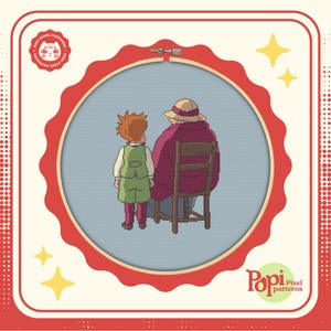 May include: Cross-stitch pattern featuring two figures, a young person with red hair and a person wearing a hat, sitting on a chair. The pattern is set against a blue background and framed in a red circle.