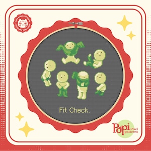 以下が含まれることがあります： 黒と白の輪郭に赤い縁取りが施された、ピクセル化されたキャラクターのグループと「Fit Check.」というテキストが描かれたクロスステッチパターン。パターンは、両側に黄色の星がついた白い背景で囲まれています。