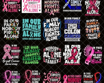 Breast Cancer Awareness PNG bundle, In Our Family Nobody Fights Alone, Pink Ribbon Warrior png,Floral Cancer Support,October Awareness Month