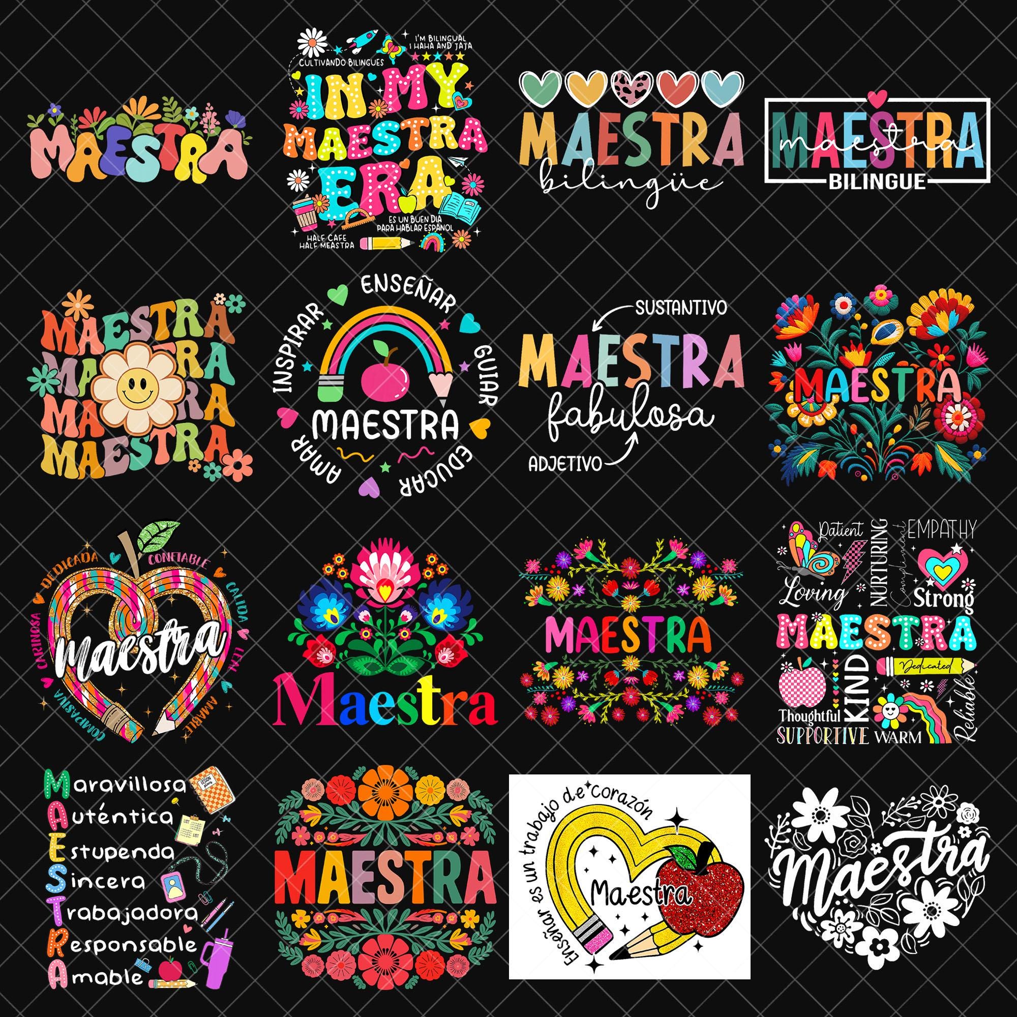 Retro Maestra Bundle Png, Spanish Teacher Bundle, Bright doodle Teacher Life Png, Teacher Appreciation Gift, Maestra Back To School Png
