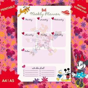 May include: A printable weekly planner with a pink background featuring Minnie Mouse, Mickey Mouse, Donald Duck, and Pluto. The planner includes sections for each day of the week, a to-do list, and notes. The words "Weekly Planner", "Printable", and "Instant Download" are visible.