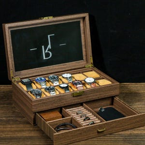 Rangement de montre personnalisé, boîte de montre gravée personnalisée pour homme, avec vitrine de montre à tiroir, boîte à bijoux pour homme, cadeau pour lui, cadeau de marié