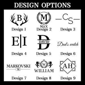 May include: Nine different design options for personalized items, including a deer antler design, a monogram with a crown, a simple initial design, a split monogram, a script font, a simple text design, a crest with a crown, a monogram in a square, and a monogram in a diamond.