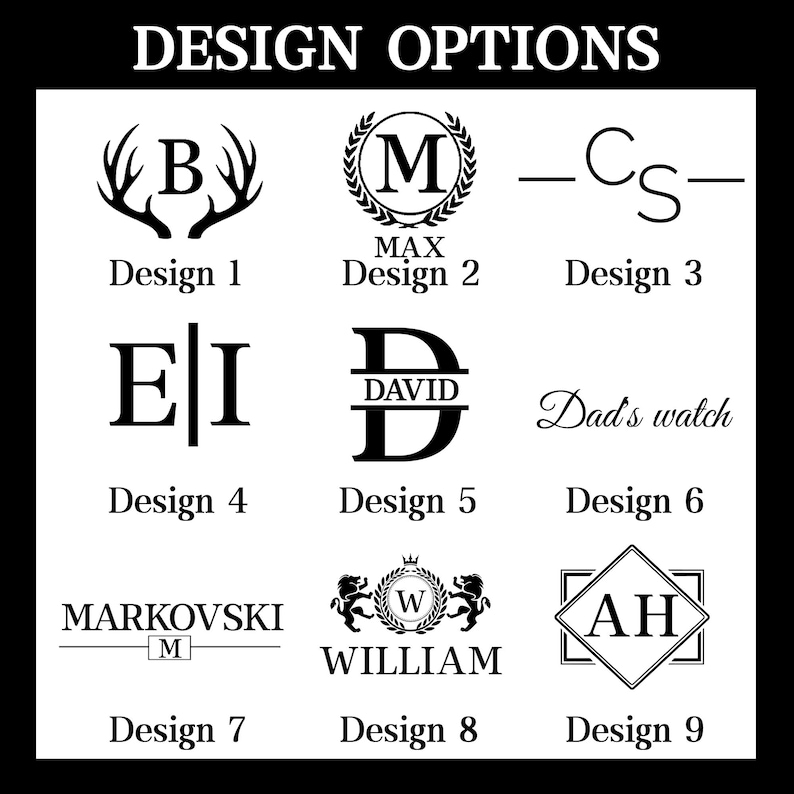 May include: Nine different design options for personalized items, including a deer antler design, a monogram with a crown, a simple initial design, a split monogram, a script font, a simple text design, a crest with a crown, a monogram in a square, and a monogram in a diamond.