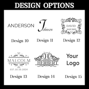 May include: Design options for a personalized logo.  The designs include a simple name, a cursive name, a name with a date, a name with a monogram, a name with a crest, and a space for a custom logo.