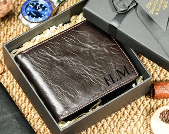 Regalo del Día del Padre, Cartera de Cuero Personalizada para Hombre, Cartera de Cuero Genuino Suave Negra Grabada, Regalo Personalizado para Él, Novio, Papá