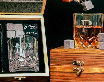Personalized Whiskey Glass Set, Custom Wood Whisky Box, Barware Gift Set for Whiskey Lovers, Groomsman Gifts, Gifts for Dad, Gifts for Him
