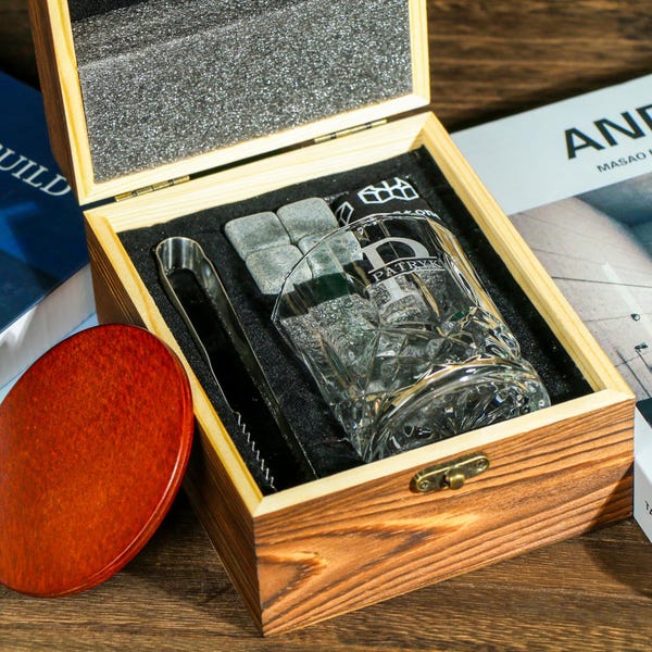 Personalized Whiskey Glass Set with Wooden Box, Groomsmen Gift, Groomsman Proposal, Boyfriend Gift, Gifts for Men,Housewarming Gift