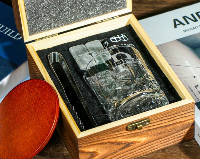 Personalized Whiskey Glass Set with Wooden Box, Groomsmen Gift, Groomsman Proposal, Boyfriend Gift, Gifts for Men,Housewarming Gift