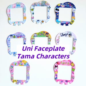 May include: A collection of seven colorful Uni Faceplate Tama Characters. Each faceplate features a unique design with cartoon characters and decorative elements. The text "Uni Faceplate Tama Characters" is displayed in the center.