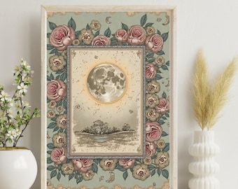 Shabby Chic Moon Art Print – Celestial Floral Decor (Digital Download)
