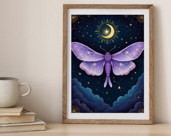 May include: A purple moth with gold accents flies against a dark blue night sky with a crescent moon and stars. The moth is surrounded by clouds and a golden halo.