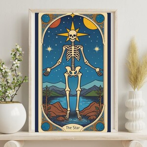 The Star Tarot Card Art Print - skelet met hemelse sterren - digitale download (9 x 14 en 11 x 14 zwarte achtergrond afdrukken)