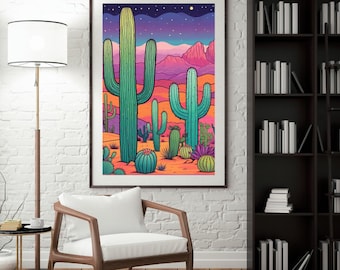Könnte beinhalten: Eine digitale Illustration einer Wüstenlandschaft mit hohen Kakteen in Grün-, Rosa- und Orangetönen unter einem sternenklaren Nachthimmel.