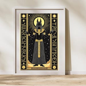 Impression d'art égyptienne d'Anubis - Dieu de l'au-delà | Téléchargement numérique or noir | Art mural 8 x 12 | Décoration mystique de l'Egypte ancienne