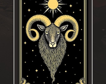 Arte mural del zodiaco Aries / Ilustración moderna de Aries estilo tarot / Decoración astrológica en negro y dorado / Arte del signo de fuego / Descarga imprimible