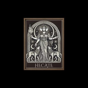 Impressão de arte digital de Hecate – Ilustração de deusa mística com lobos e detalhes celestiais, perfeita para decoração de casa