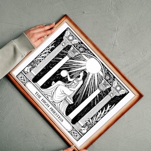 The High Priestess Tarot Card Art Print – Handgeätzte schwarz-weiße mystische Illustration, kosmisch spirituelle Symbolik – Esoterik
