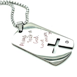 Personalized Stainless Steel Tag Necklace with Handwriting Engraving, Bible Verse, Cross Cutout, and Gemstone, Meaningful Engraved Gift