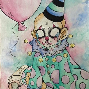 Gumbles the Sad Baby Clown watercolor & pen painting decorative PRINT