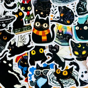 50Pcs  Black Cat Cartoon PVC Stickers, Witchy Cat Decorative Waterproof Decals for Laptop, Phone Case, Luggage, Planner Graffiti Skin