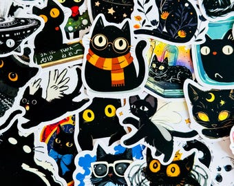 50Pcs  Black Cat Cartoon PVC Stickers, Witchy Cat Decorative Waterproof Decals for Laptop, Phone Case, Luggage, Planner Graffiti Skin