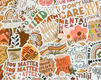 50pcs Boho Mental Health Awareness Stickers, Vibrant Matte Stickers, Waterproof PVC stickers for Phone Cases, Laptops, Guitars, Skateboards