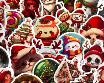 50pcs red Christmas Stickers set, Santa Claus, Snowman, Merry Christmas Decals for Water Bottles, Laptops, Phones, holiday crafts