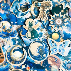 50 szt. naklejek Cosmic Mythology, wodoodporny PVC, planety niebieskie i kwiaty do etui na telefony i notesy, etui na telefon, dziennik