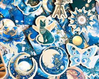 宇宙神話ステッカー50枚セット、防水PVC製、天体と花柄、スマホケースやノート、日記帳などに貼れます。