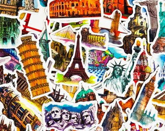 旅行国ステッカー50枚セット、国別ステッカーパック、有名な場所、防水ステッカー、ダイカット、ヨーロッパステッカー、世界旅行ステッカー