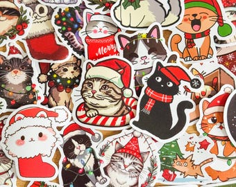 クリスマス猫デカールステッカー50枚セット、ノートパソコン、携帯電話ケース用防水PVCデカール、ビニール防水VSCOステッカー