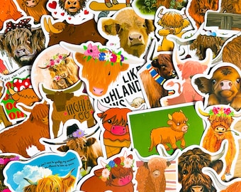50pcs Highland Cow Stickers, , Cute Vintage Cow Print, Vinyl Decals, for Laptops, Phones, Guitars, Water, Highland coo, Journal stickers