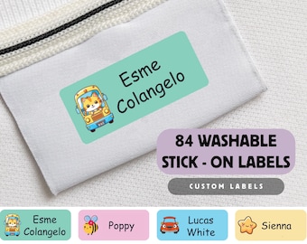 84 Custom washable Clothes Labels, Waterproof Stick On Name Tags, Washable School Uniform Labels, No Iron Clothing Labels