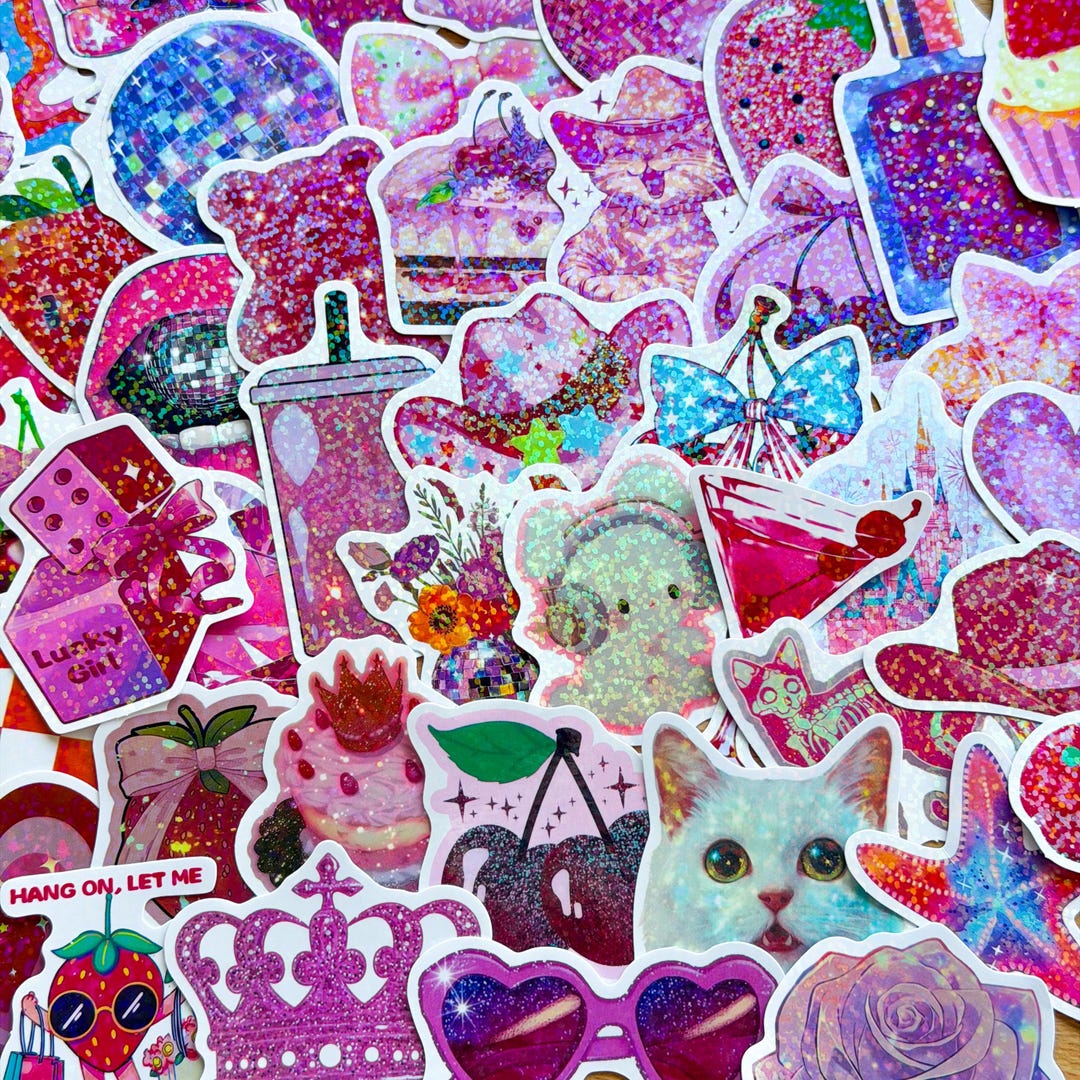 Pink Postcard Sticker 50pcs Sparkly Pink Sticker Set, Holographic Stickers, for Scrapbooks ...