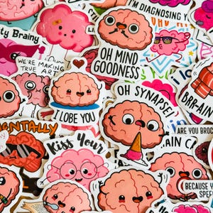 50 pezzi adesivi a forma di cervello dei cartoni animati, graziosi adesivi in vinile per laptop, bottiglie d'acqua, scrapbooking, artigianato, divertenti decorazioni a forma di cervello per buste, regali allegri